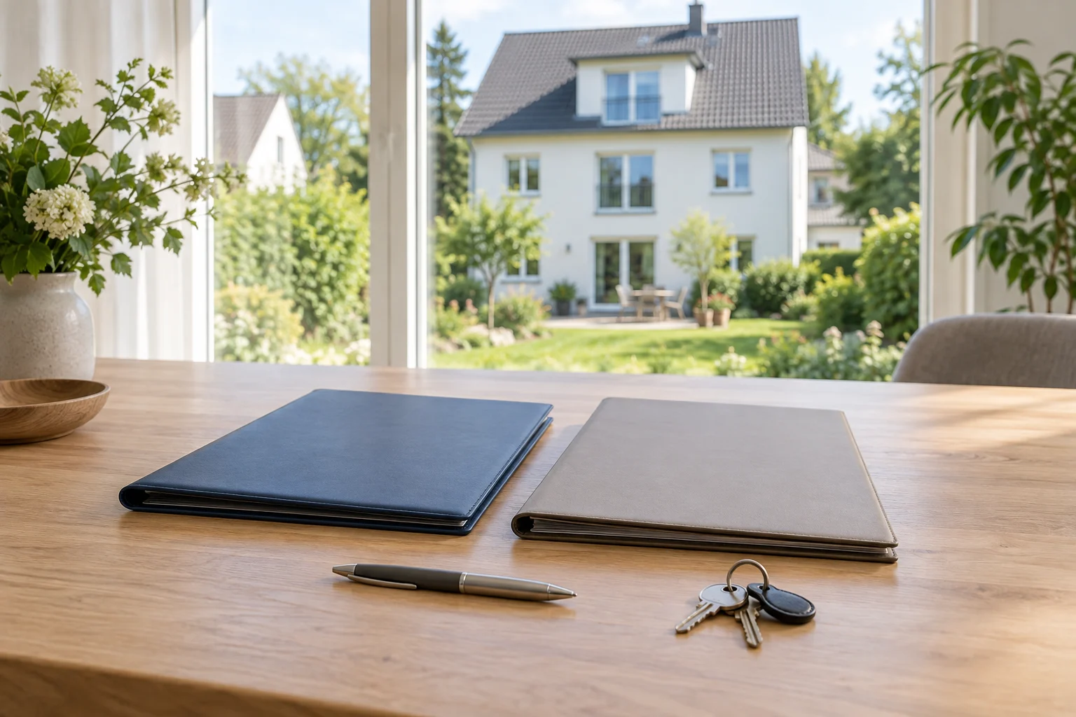 Dokumentenmappen, Stift und Schlüssel vor einem Wohnhaus als Symbol für die Planung einer Kreditablösung